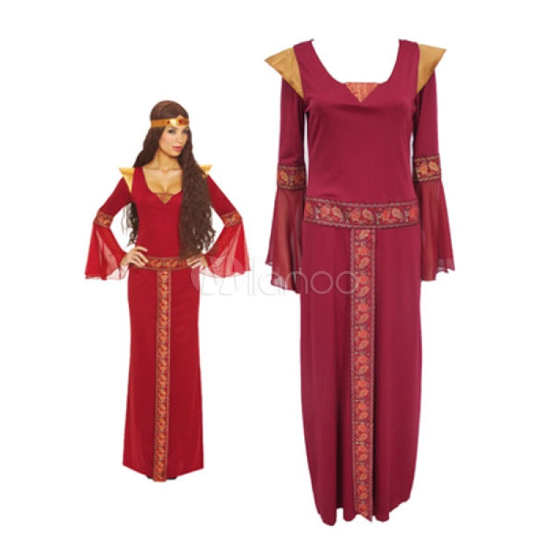 Women Vintage Costume Dark Red Maxi Dress With Headpieces Sets Renaissance