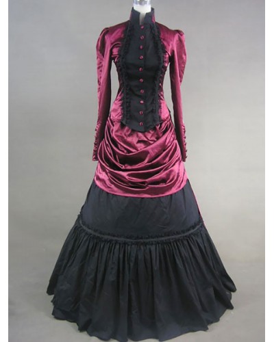 Victorian Dress Costume Burgundy Satin Long Sleeves Women's High Collar Ruffle Ball Gown Victorian Era Clothing Carnival ROCOCO Holiday