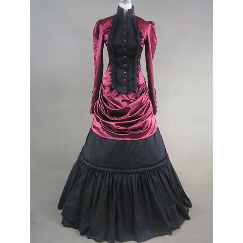 Victorian Dress Costume Burgundy Satin Long Sleeves Women's High Collar Ruffle Ball Gown Victorian Era Clothing Carnival ROCOCO Holiday