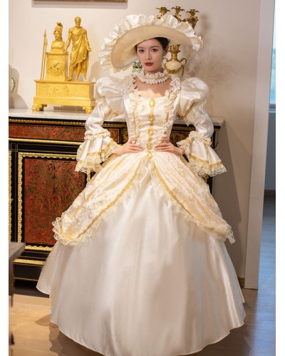 Women Champagne Retro Costumes 's Marie Antoinette Costume Lace Ruffles Polyester Dress Choker 18th Century Costume Tunic Vintage Royal