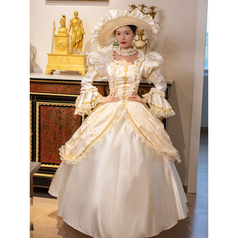 Women Champagne Retro Costumes 's Marie Antoinette Costume Lace Ruffles Polyester Dress Choker 18th Century Costume Tunic Vintage Royal