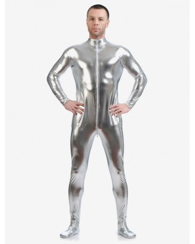 Men Silver Adults Bodysuit Shiny Metallic Catsuit For Solid