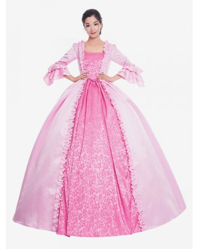 Women Victorian Dress Costume 's Pink Ruffle Bows Trumpet Short Sleeves Round Neckline Ball Gown Victorian Era Style Vintage Clothing Halloween Sets Victorian Era