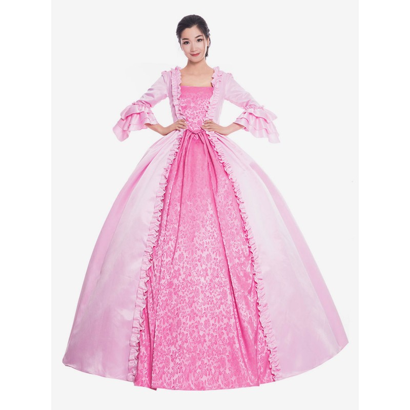 Women Victorian Dress Costume 's Pink Ruffle Bows Trumpet Short Sleeves Round Neckline Ball Gown Victorian Era Style Vintage Clothing Halloween Sets Victorian Era