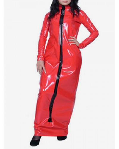 Red Long Sleeves Front Split PVC Shiny Metallic Fabric Front Zip Maxi Dress Robes Solid