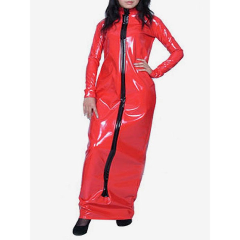 Red Long Sleeves Front Split PVC Shiny Metallic Fabric Front Zip Maxi Dress Robes Solid