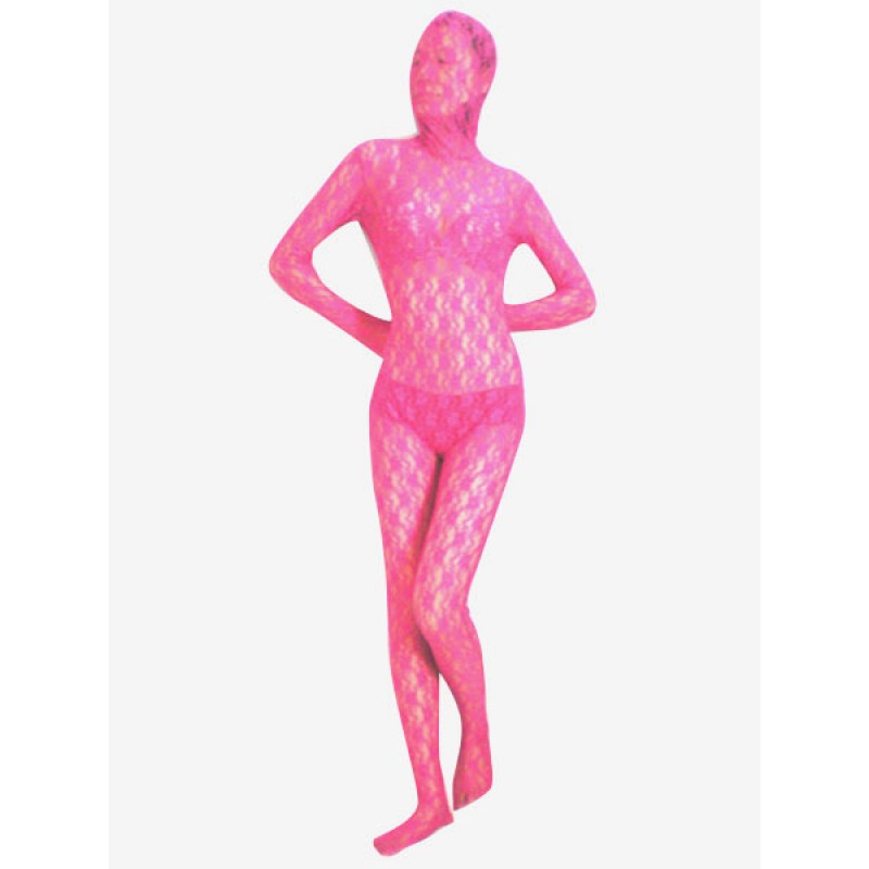 Halloween Pink Transparent Lace Velvet Zentai Suit Halloween