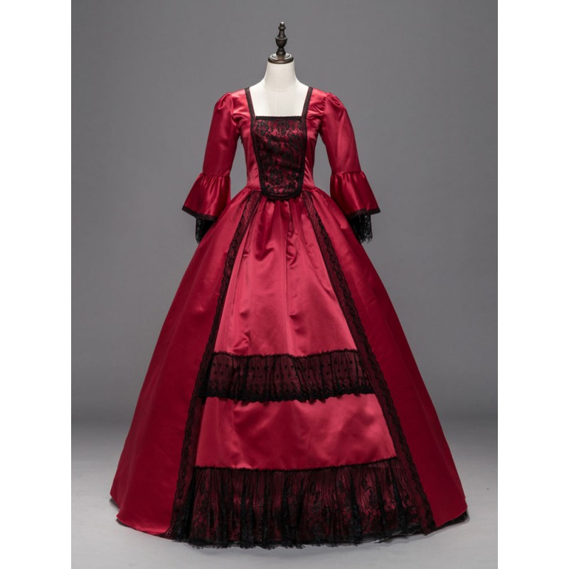 Women Victorian Dress Costume 's Red Costume Lace Patchwork Ruffles Half Sleeves Long Outifts Party Dress Halloween Sets Victorian Era