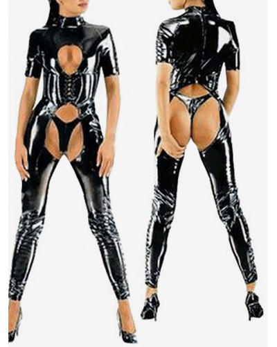 Sexy Catsuit Cut Out Shiny Black Crotchless PVC For Women's Gimp Suit Halloween Bodysuit