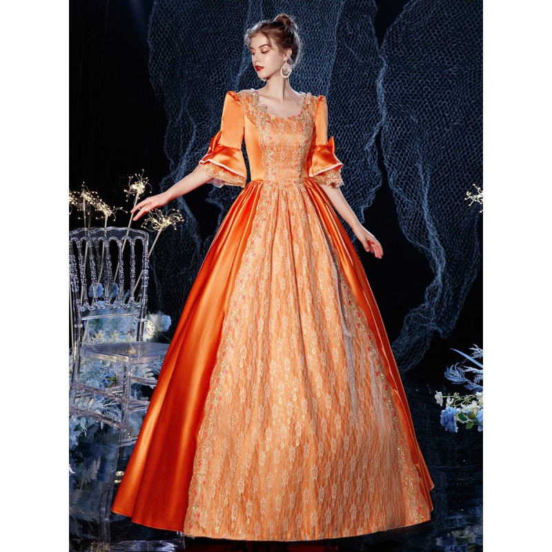 Women Rococo Victorian Retro Costume Dress Orange Red Masquerade Lace Cotton Cosplay Costume Carnival Euro-Style