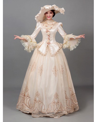 Women Ecru White Retro Costumes 's Floral Print Flowers Ruffles Polyester Marie Antoinette Costume Hat Dress Clothing Tunic Vintage Euro-Style