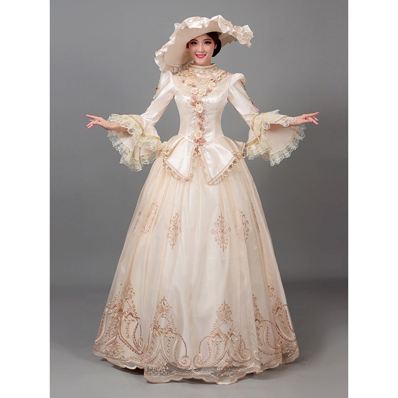 Women Ecru White Retro Costumes 's Floral Print Flowers Ruffles Polyester Marie Antoinette Costume Hat Dress Clothing Tunic Vintage Euro-Style