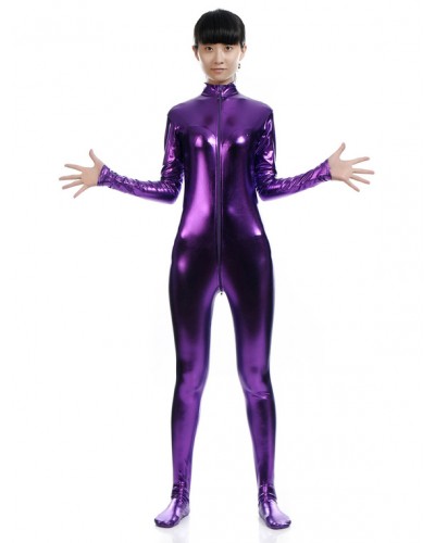 Women Deep Purple Adults Bodysuit Cosplay Jumpsuit Shiny Metallic Catsuit Solid