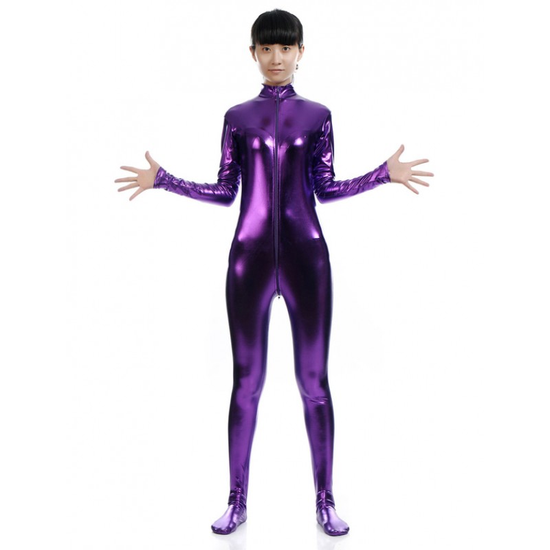 Women Deep Purple Adults Bodysuit Cosplay Jumpsuit Shiny Metallic Catsuit Solid