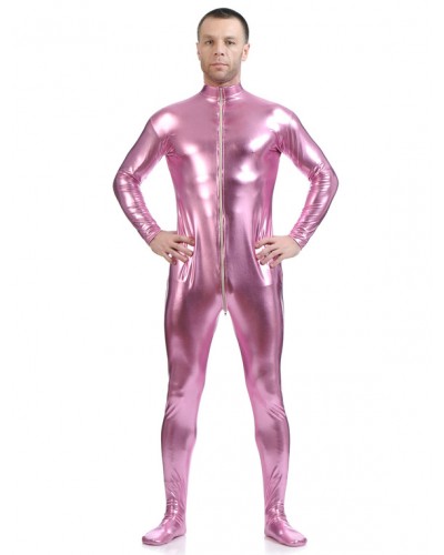 Men Pink Adults Bodysuit Shiny Metallic Catsuit For Solid