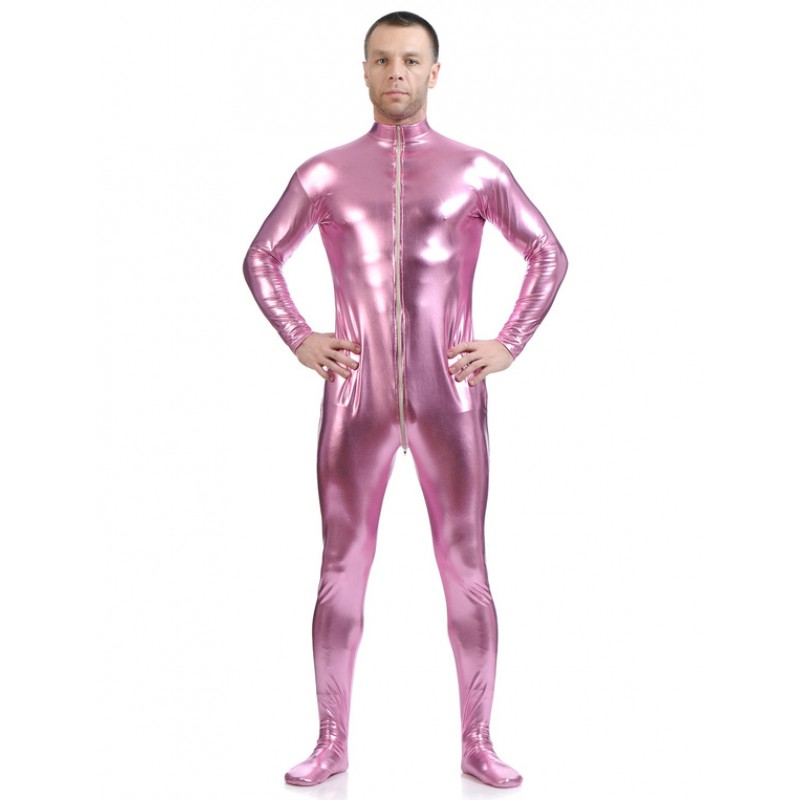 Men Pink Adults Bodysuit Shiny Metallic Catsuit For Solid