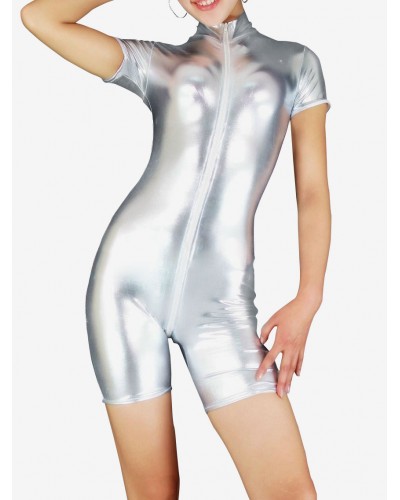 Women Halloween Silver Short Sleeve Half Length Shiny Metallic Catsuit Solid