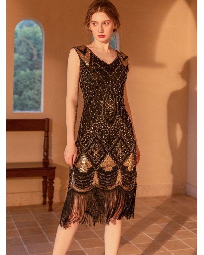 Women 1920S Party Dresses V-Neck Sequins Sleeveless Semi Formal Dress Vintage Summer