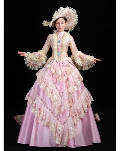 Women Pink Retro Costumes 's Ruffles Lace Polyester Hat Dress Marie Antoinette Costume Party Prom Dress Tunic Vintage Euro-Style