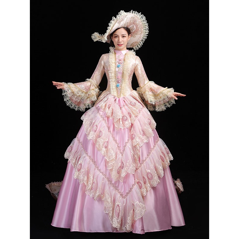 Women Pink Retro Costumes 's Ruffles Lace Polyester Hat Dress Marie Antoinette Costume Party Prom Dress Tunic Vintage Euro-Style