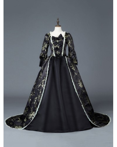 Women Victorian Dress Costume 's Dark Black Matte Satin Floral Print Dress Marie Antoinette Costume Victorian Era Style Set 18th Century Costume Halloween Sets Victorian Era