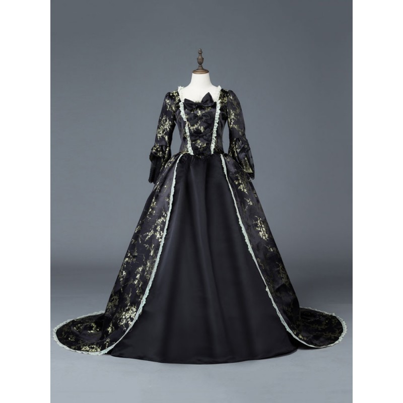 Women Victorian Dress Costume 's Dark Black Matte Satin Floral Print Dress Marie Antoinette Costume Victorian Era Style Set 18th Century Costume Halloween Sets Victorian Era