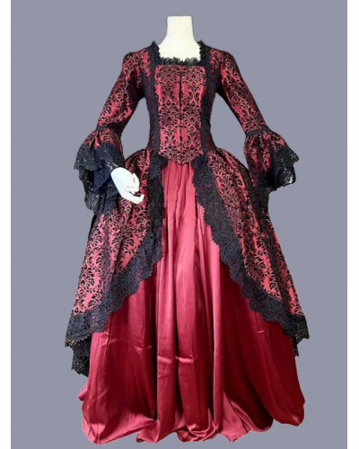 Women Red Costumes Ruffles Polyester Marie Antoinette Costume Floral Print Dress 's Party Prom Dress Tunic Retro