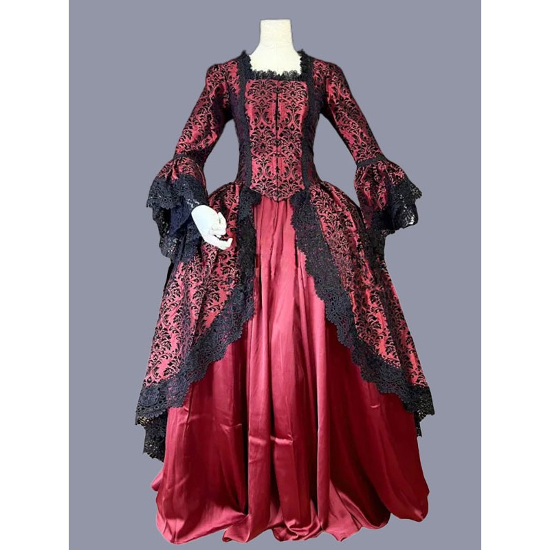 Women Red Costumes Ruffles Polyester Marie Antoinette Costume Floral Print Dress 's Party Prom Dress Tunic Retro