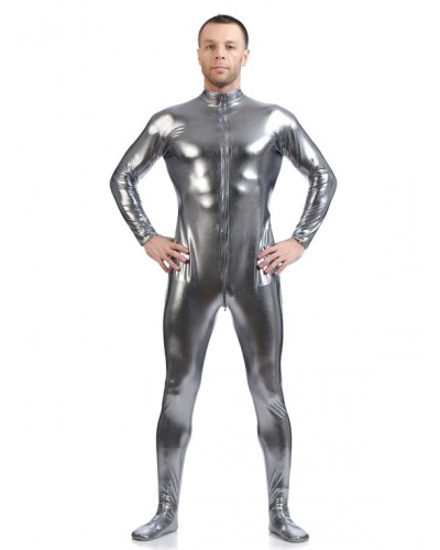 Men Gray Adults Bodysuit Cosplay Jumpsuit Shiny Metallic Catsuit For Solid