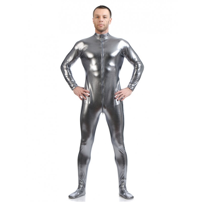 Men Gray Adults Bodysuit Cosplay Jumpsuit Shiny Metallic Catsuit For Solid