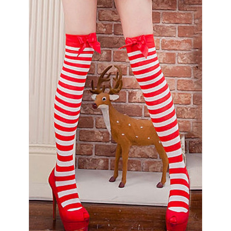 Women Knee High Striped Red Saloon Girl Stockings Football Girls Bows Black Halloween Costume Socks Accessories