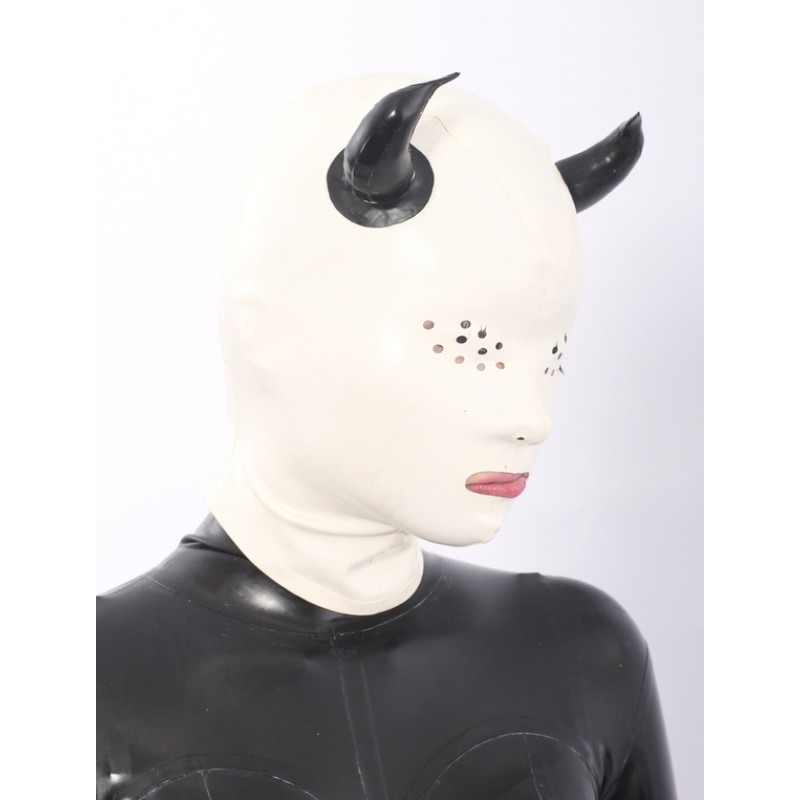 Women White Devil Pattern Latex Hood For Halloween Halloween