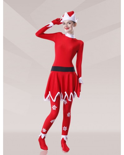 Morph Suit Red Elf Costume Shiny Metallic Fabric Catsuit Women's Body Suit