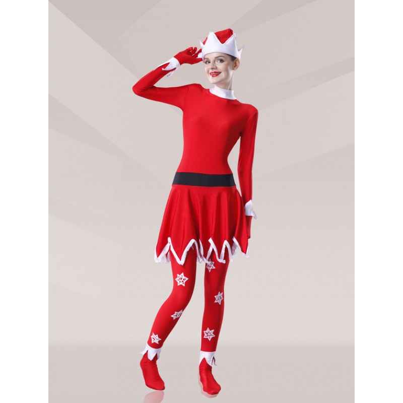 Morph Suit Red Elf Costume Shiny Metallic Fabric Catsuit Women's Body Suit