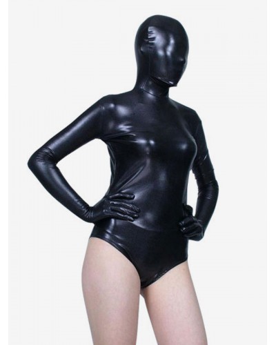 Unisex Black Half Bodysuit Shiny Metallic Fabric Catsuit Solid