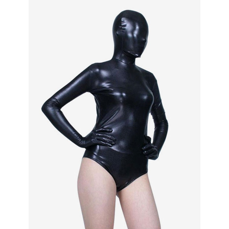 Unisex Black Half Bodysuit Shiny Metallic Fabric Catsuit Solid