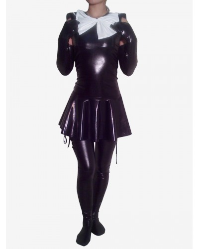 Women Halloween Maid Shiny Metallic Catsuit Dress With Shoulder Length Gloves And Stockings