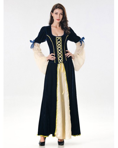 Victorian Dress Costume Women's Dark Navy Velour Set Round Neckline Vintage Shift Dress Carnival Costumes Royal Mardi Gras Halloween