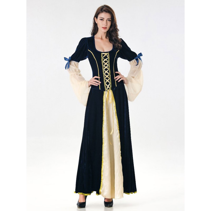 Victorian Dress Costume Women's Dark Navy Velour Set Round Neckline Vintage Shift Dress Carnival Costumes Royal Mardi Gras Halloween