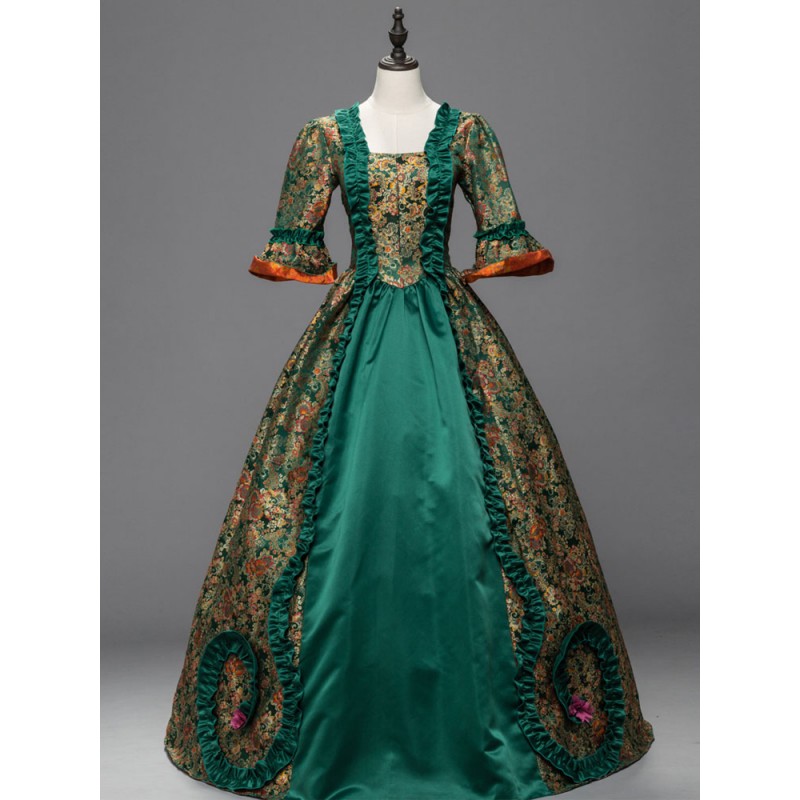 Women Victorian Dress Costume 's Green Costume Lace Ruffles Bell Half Sleeves Satin Jacquard Victoria Era Clothing Retro Costumes Halloween Sets Baroque