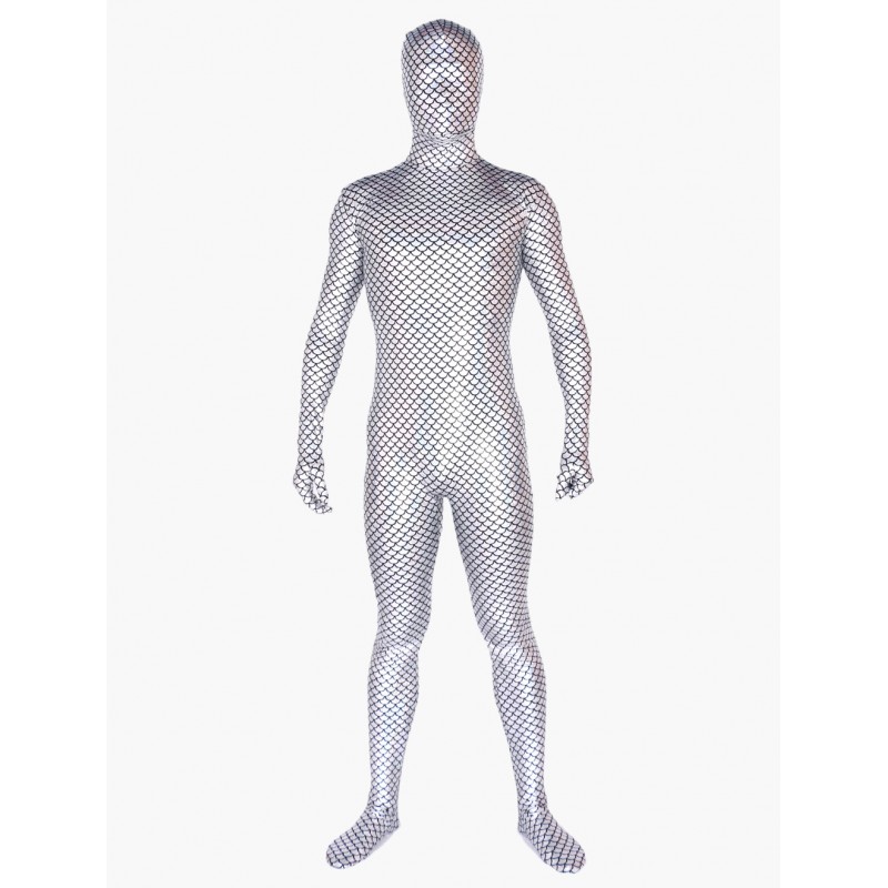 Unisex Morph Suit Silver Fish Pattern Zentai Suit Full Body Shiny Metallic Bodysuit Patterned