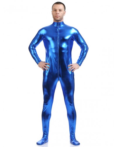 Men Royal Blue Adults Bodysuit Shiny Metallic Catsuit For Solid