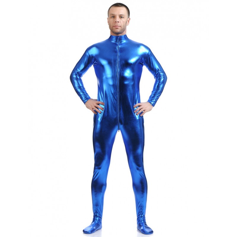 Men Royal Blue Adults Bodysuit Shiny Metallic Catsuit For Solid