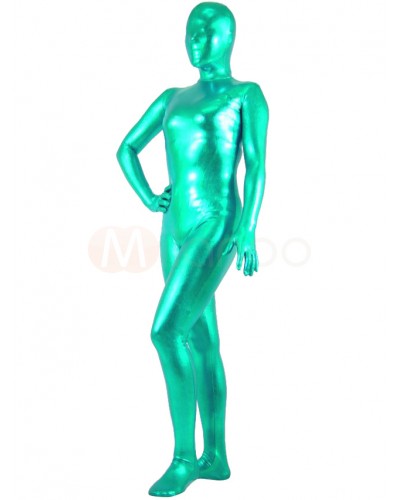 Halloween Unisex Blue-Green Latex Shiny Metallic Zentai Suit Solid