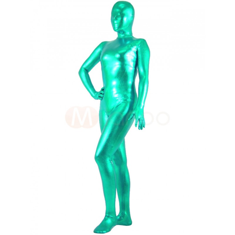 Halloween Unisex Blue-Green Latex Shiny Metallic Zentai Suit Solid