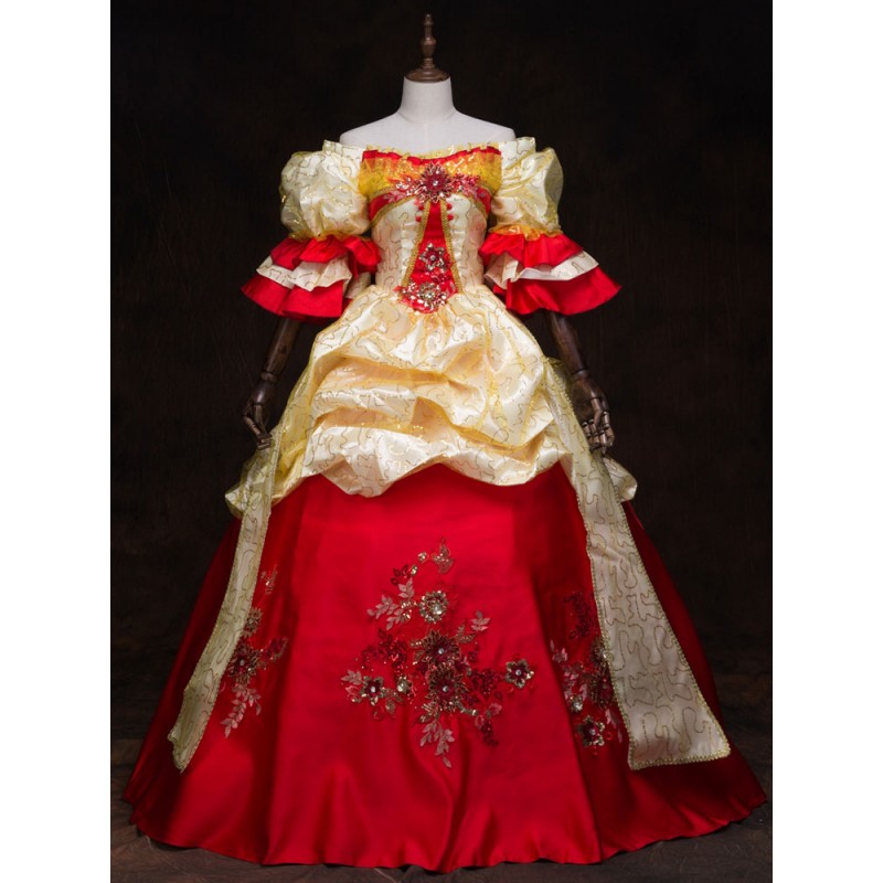 Victorian Dress Costume Women's Gold And Red Baroque Masquerade Ball Gowns Trumpet Half Sleeves With Hat Victorian Era Clothing Retro Costume Royal Mardi Gras Halloween