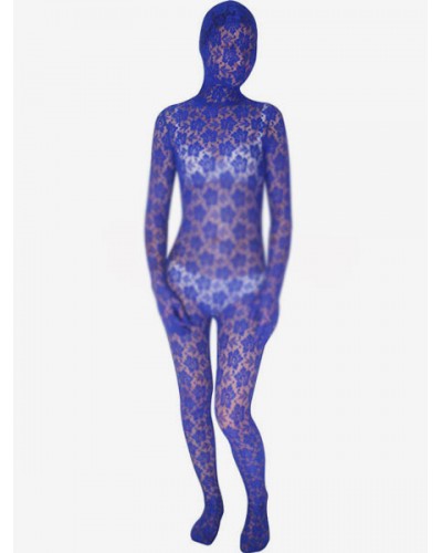 Unisex Halloween Bluish Violet Transparent Lace Lycra Spandex Zentai Suit