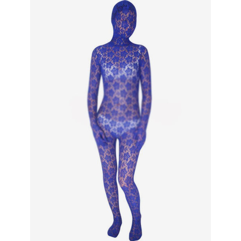 Unisex Halloween Bluish Violet Transparent Lace Lycra Spandex Zentai Suit