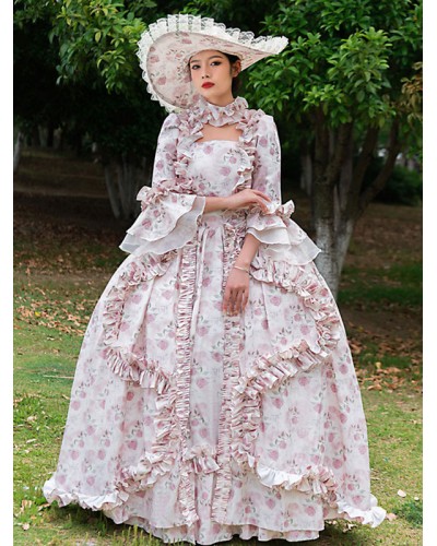 Women Pink Retro Costumes Ruffles Polyester Floral Print Hat Marie Antoinette Costume 's 18th Century Costume Tunic Vintage Royal