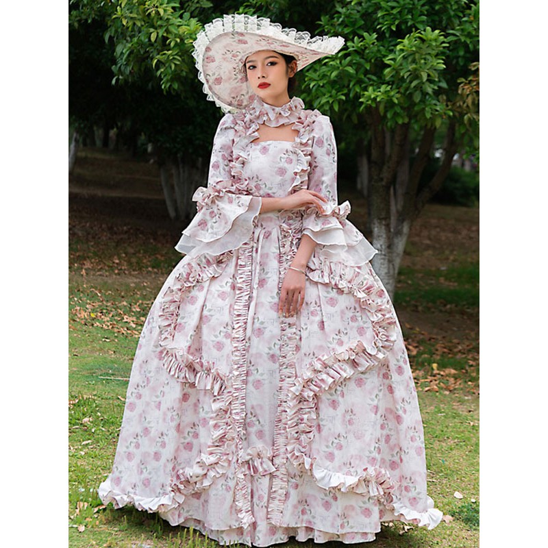 Women Pink Retro Costumes Ruffles Polyester Floral Print Hat Marie Antoinette Costume 's 18th Century Costume Tunic Vintage Royal